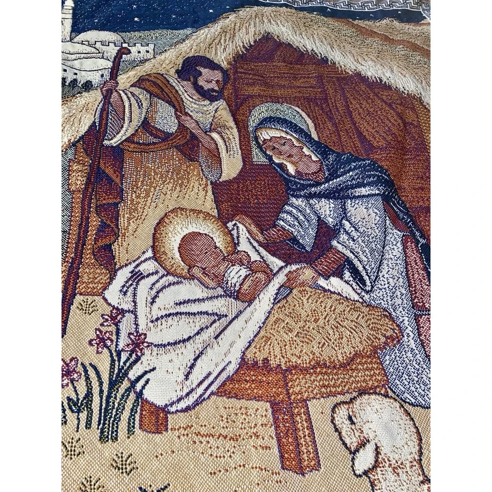 Vtg USA Woven Nativity Tapestry Throw Blanket Mary Joseph Jesus Christmas **